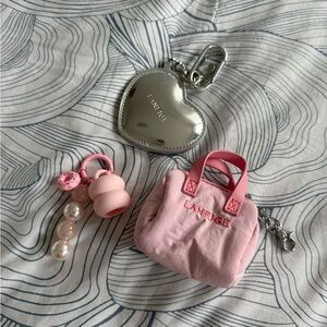 LANEIGE Pink Pouch, Silver Heart Keychain Mirror and charms